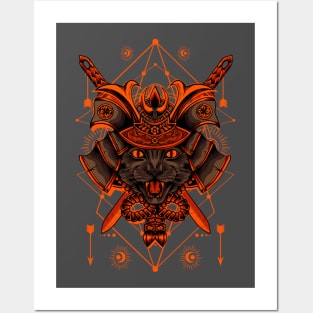 Orange and black illustration samurai cat Posters and Art